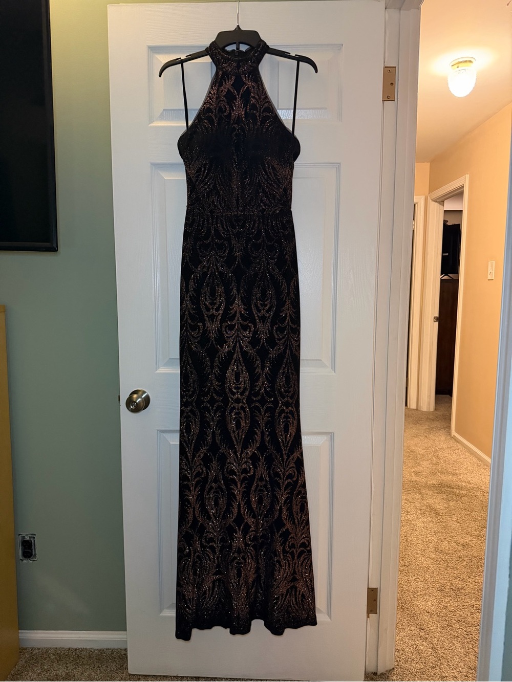Betsy & Adam Black Maxi Dress with Rose Gold Metallic Pattern